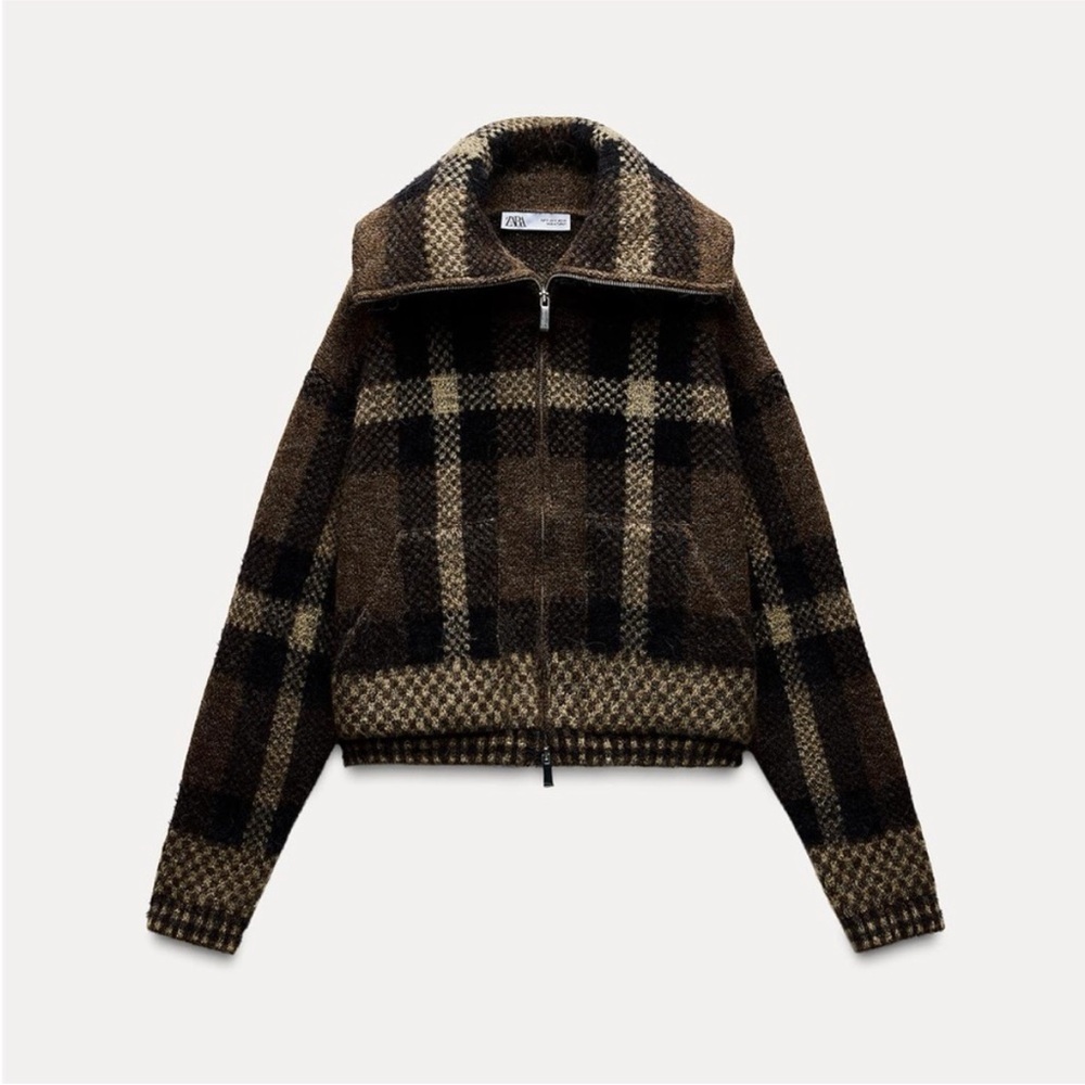 Zara Plaid Knit Bomber Jacket in Brown